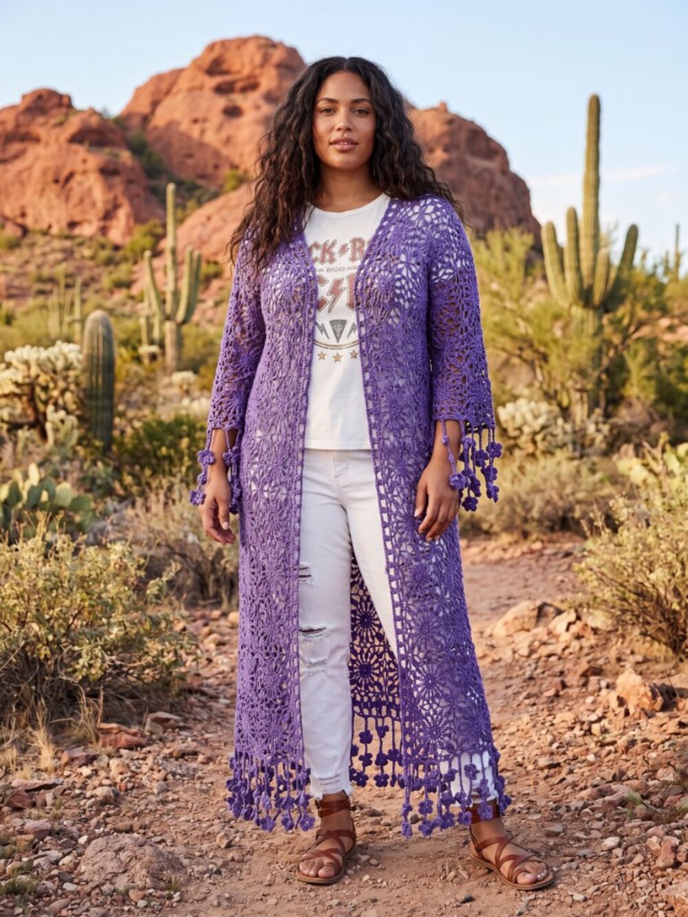 BoHo Purple Granny Square Light-Weight Duster Sweater Floral Crochet Fringe XL